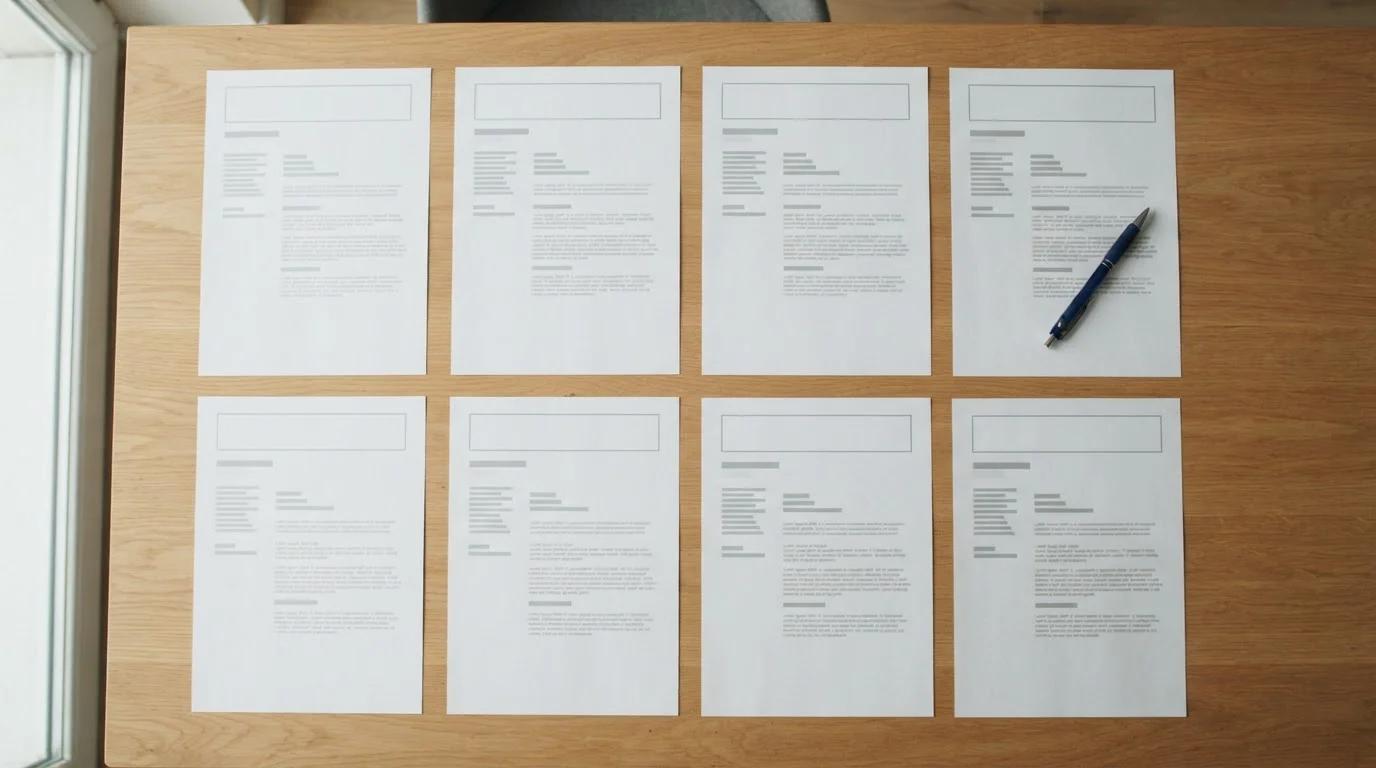 Desk with eight printed site profiles spread out for comparison