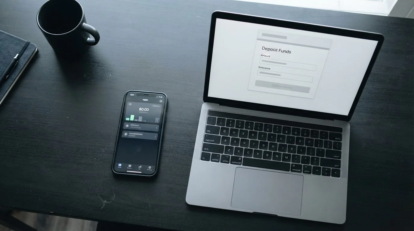Smartphone showing a neutral e-wallet balance screen beside a laptop deposit form