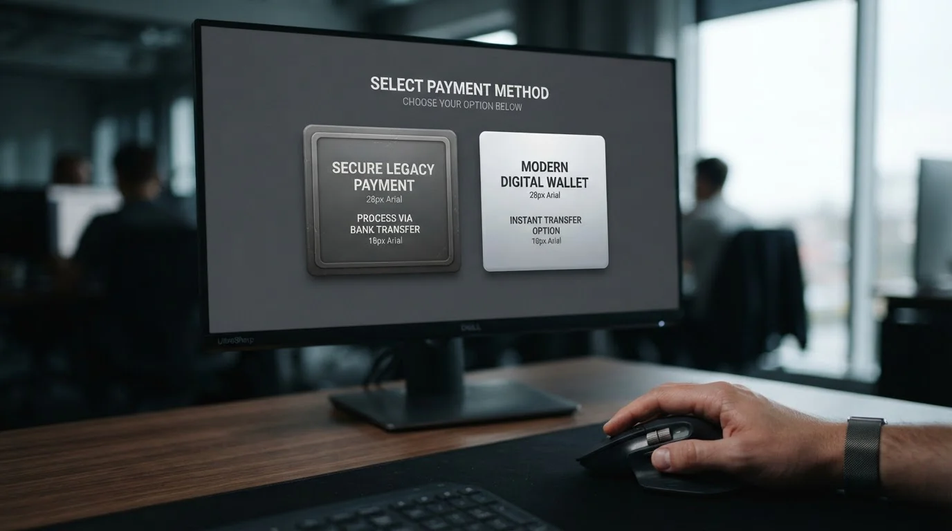Two payment labels side by side on a screen showing an outdated brand name
