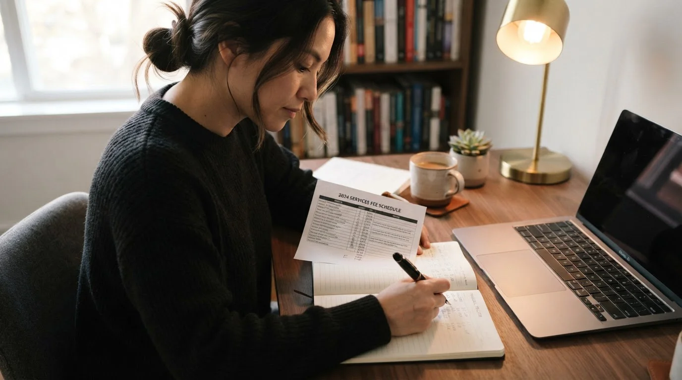Person at a desk comparing a printed fee schedule against notes in a notebook