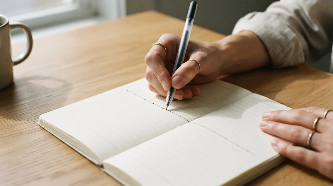 Hand marking successive dates on a plain timeline drawn in a notebook