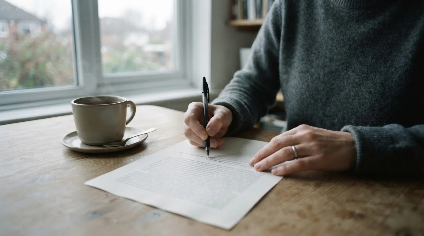 Person working through bonus wagering terms with a pen and printed page of conditions