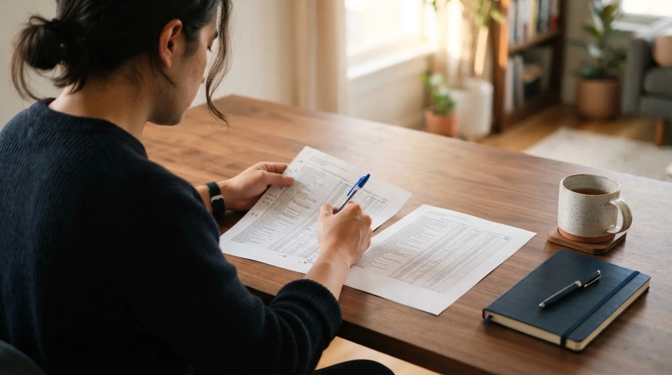 Person at a desk comparing printed pages of operator details with handwritten notes in the margin