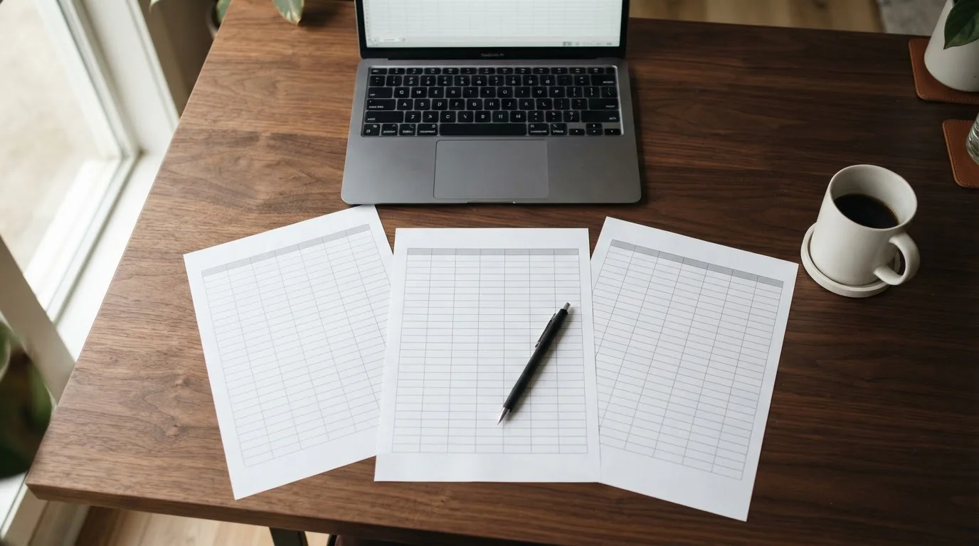 Printed comparison sheet with rows and columns spread across a desk beside a laptop