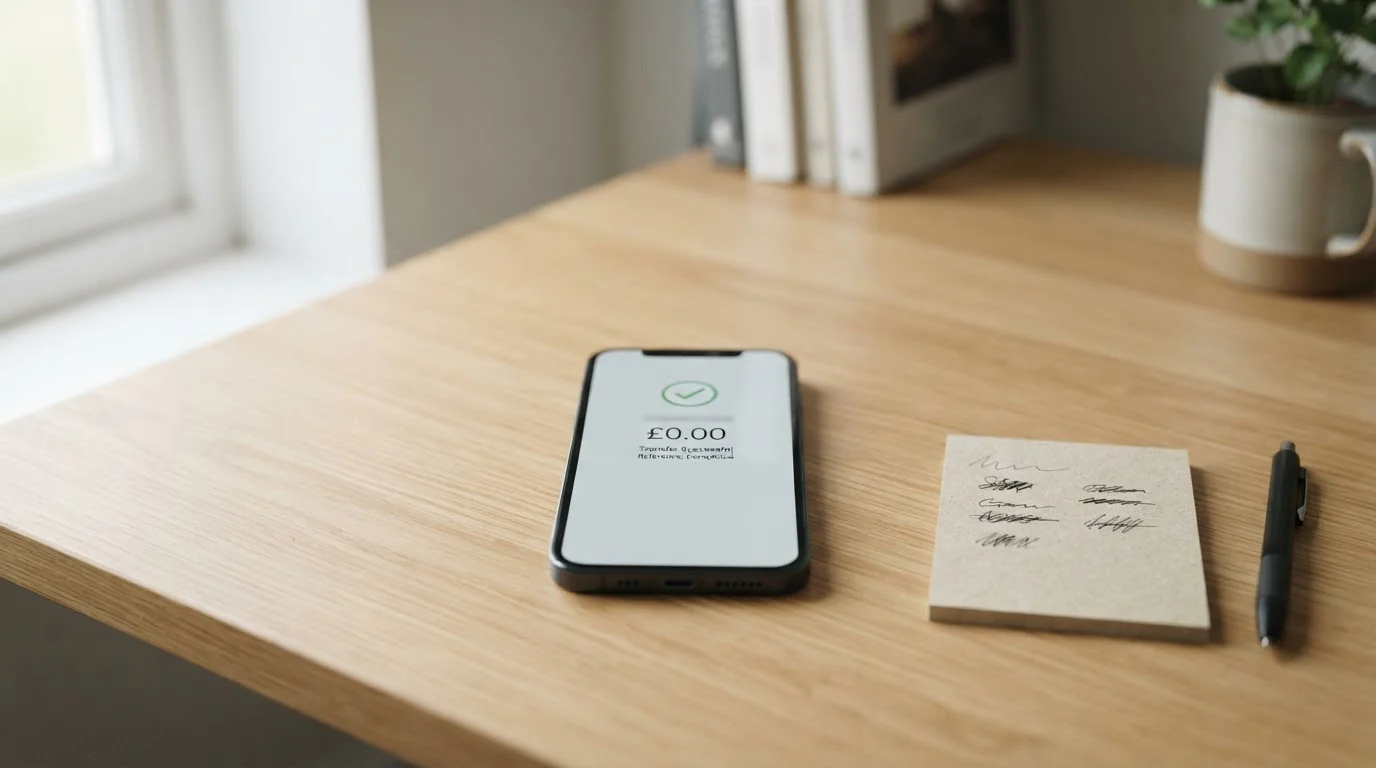 Smartphone showing a bank transfer confirmation beside a notepad on a desk in daylight