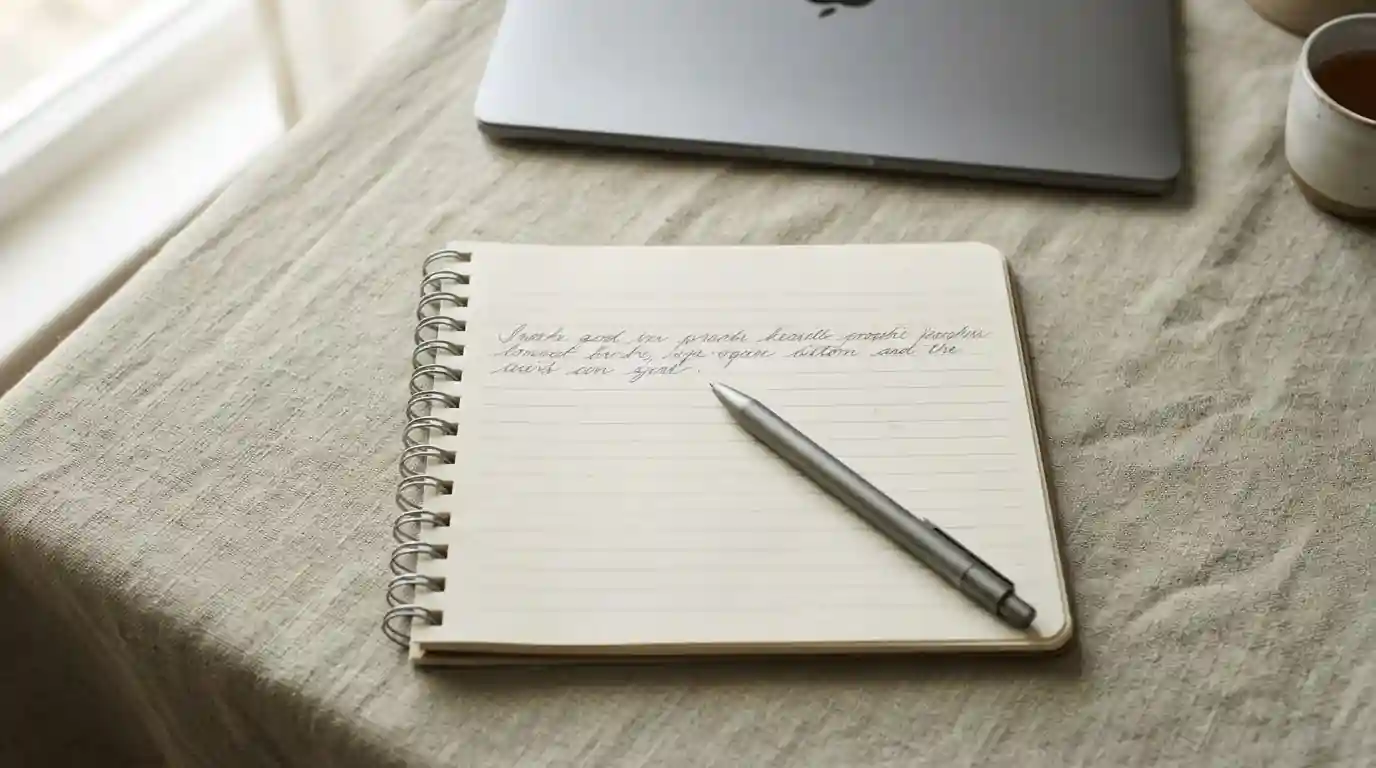 Notepad with a handwritten monthly spending limit beside a closed laptop
