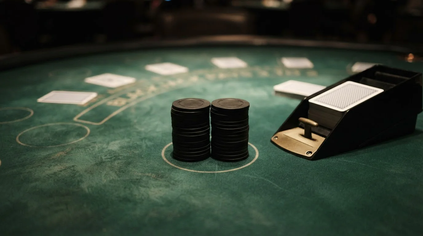 Blackjack table layout and playing chips arranged for a strategy demonstration
