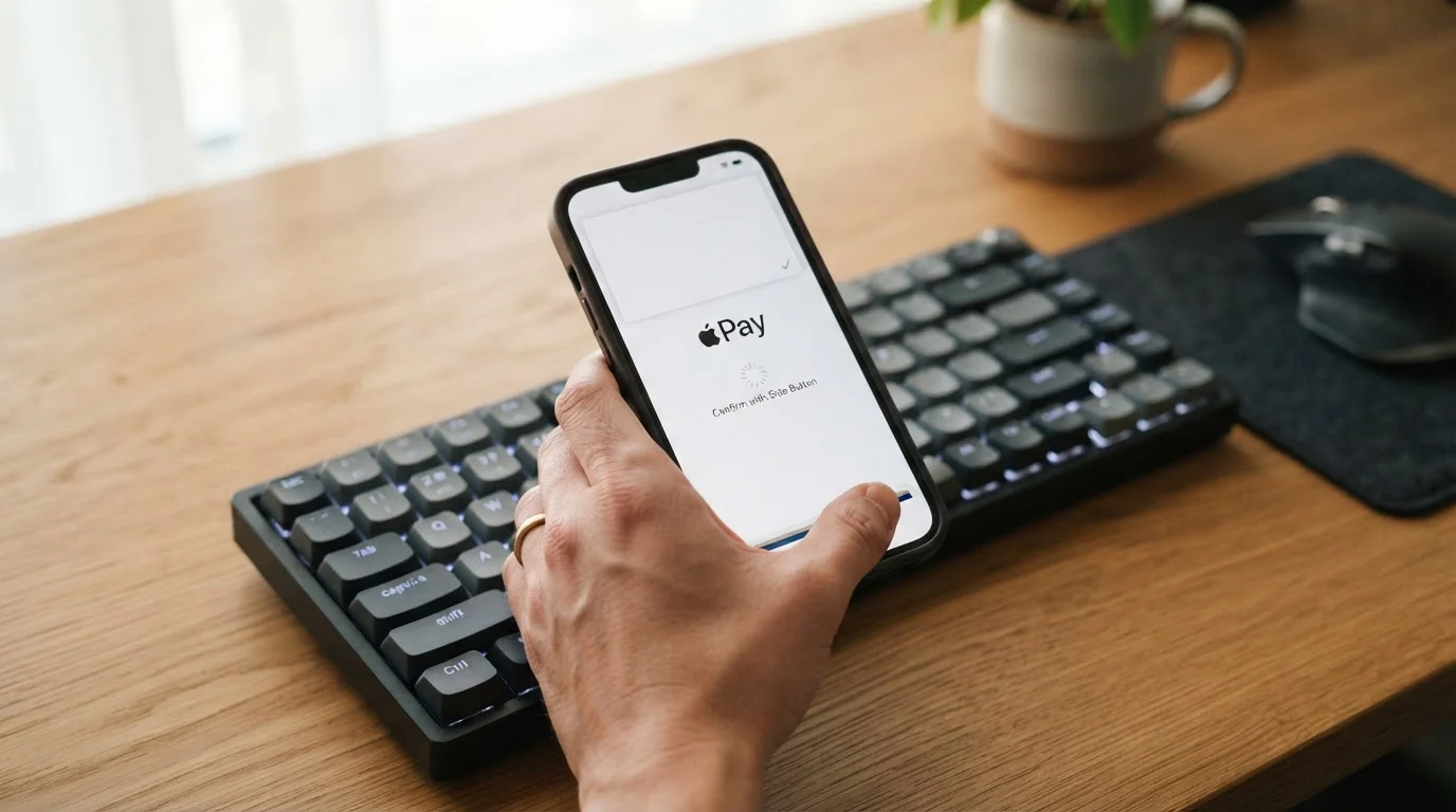 Close-up of a hand holding an iPhone over a keyboard, the phone displaying an Apple Pay payment sheet, soft morning light from a window