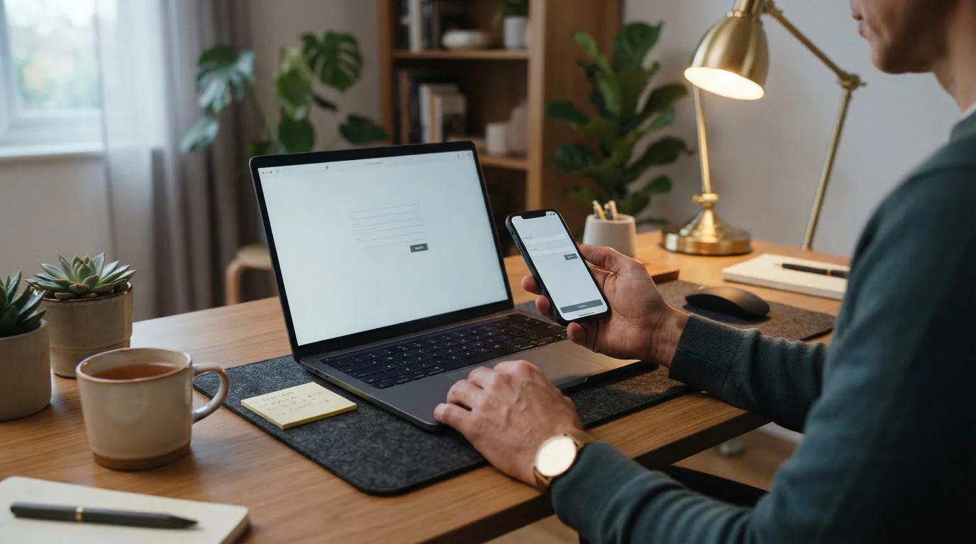 Person authorising a bank transfer deposit on a phone beside a laptop