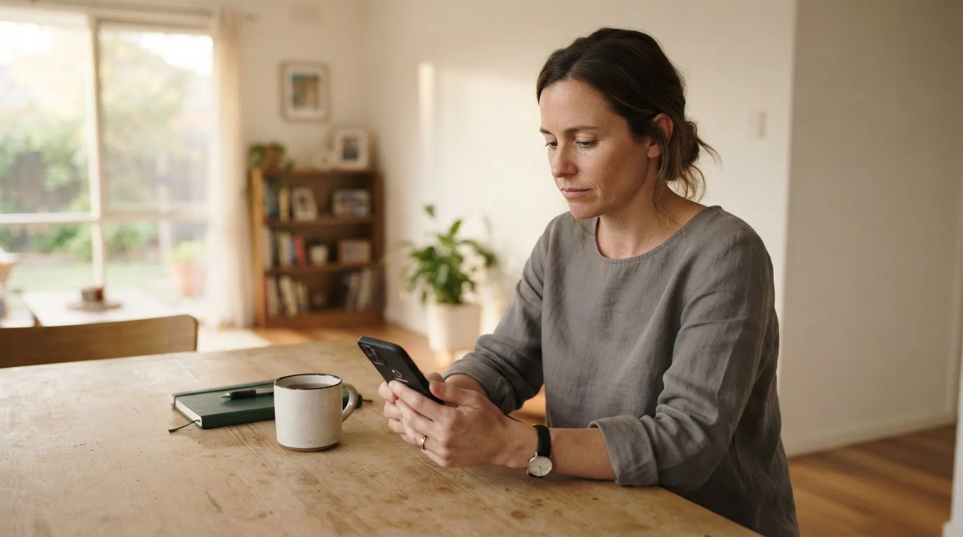 Australian player checking a banking app on a phone at a kitchen table while waiting on a PayID withdrawal