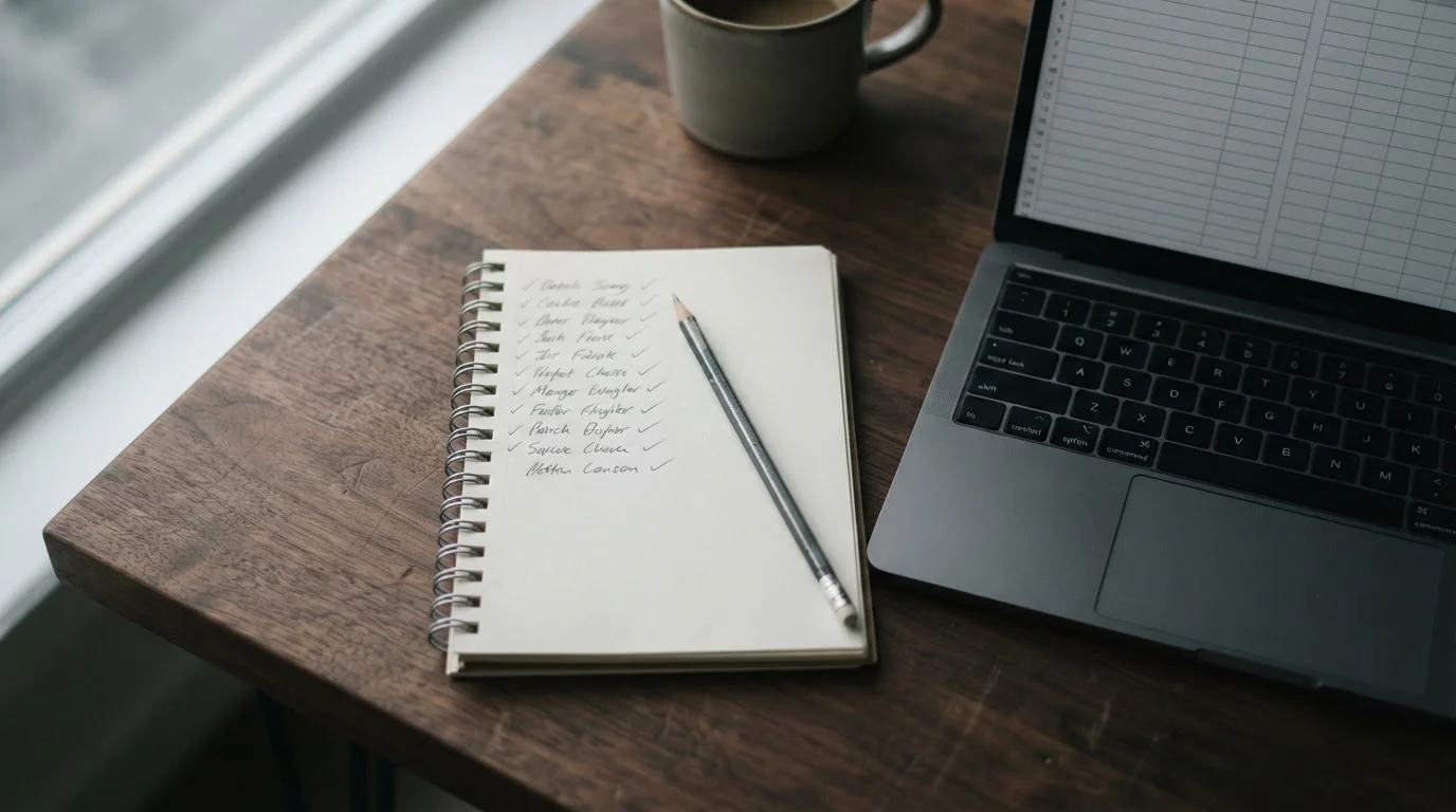 Notepad listing eleven casino names beside a laptop showing a neutral comparison table