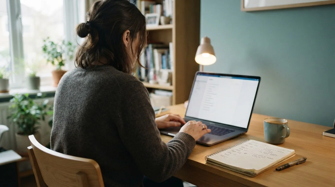 Person at a laptop comparing payout times written out in a ruled notebook