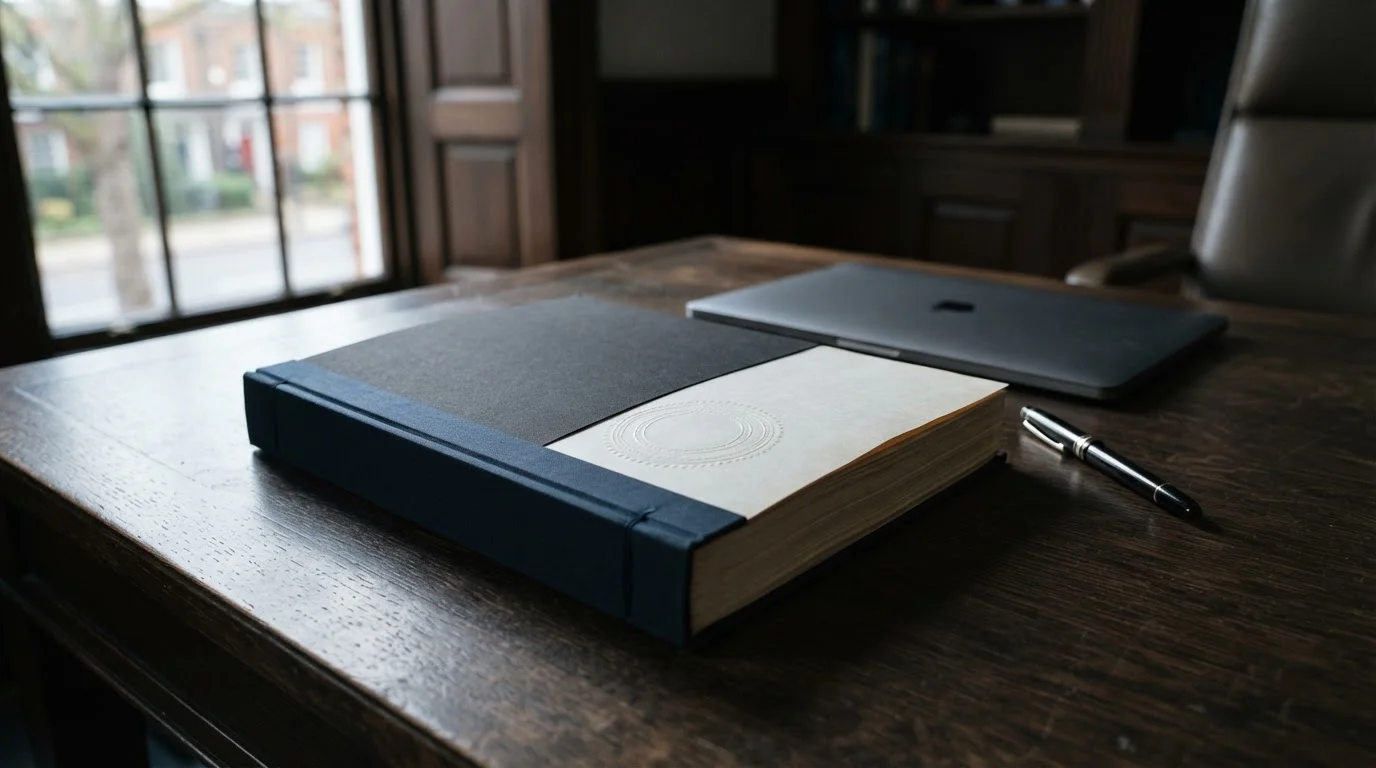 Official-looking regulatory document on a desk beside a closed laptop