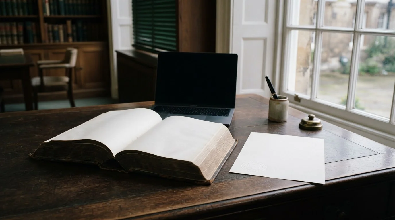Open statute document on a desk beside a laptop showing a blocked website notice