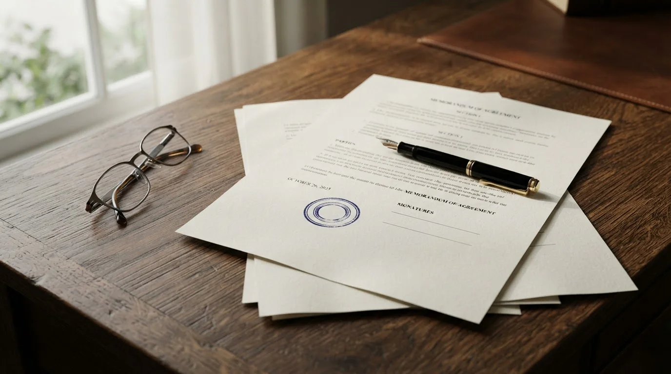 Official-looking regulatory document with a plain stamp on a desk in daylight