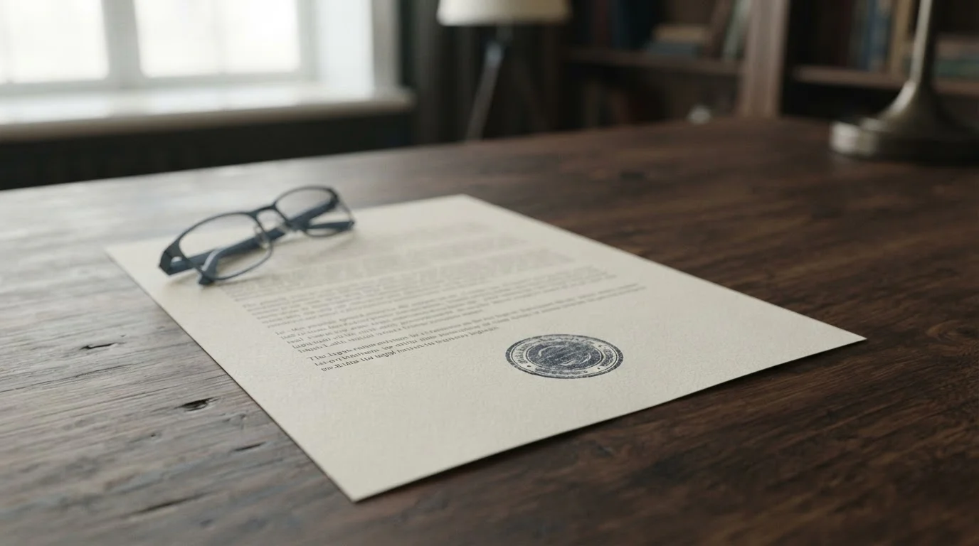 Plain government-style document with an official stamp resting on a wooden table beside reading glasses