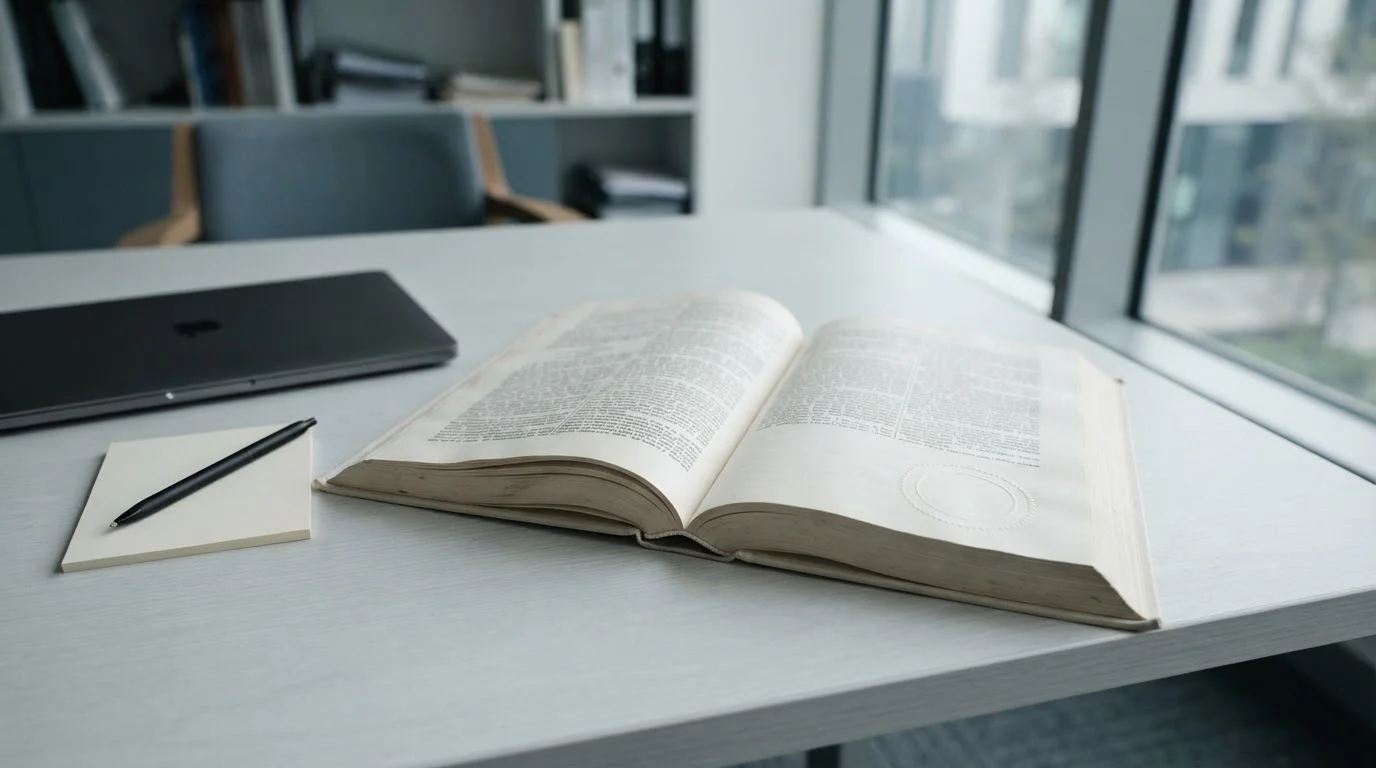 Open legislative document on a desk in calm daylight beside a closed laptop