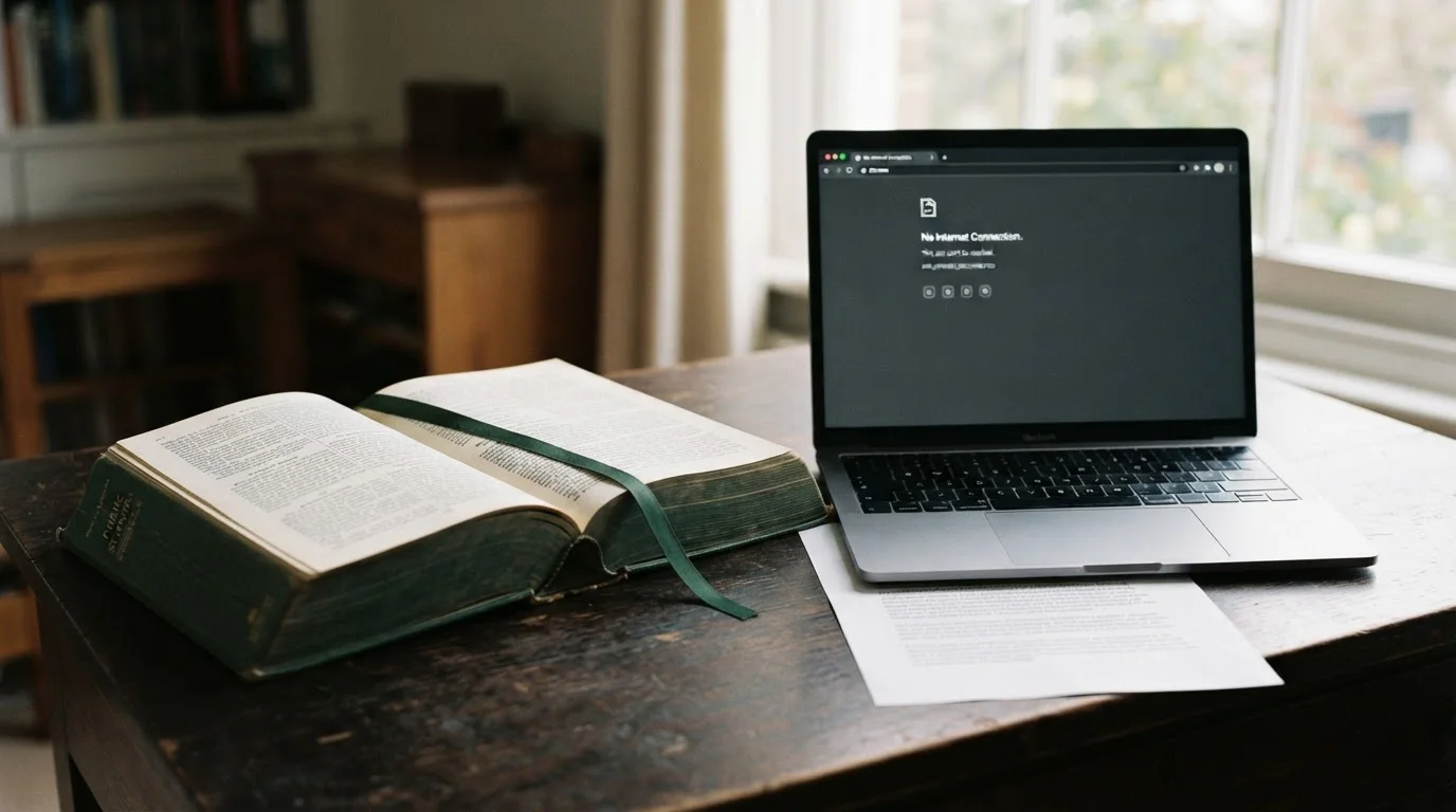 Australian legislation volume open on a desk beside a laptop showing a blocked website notice
