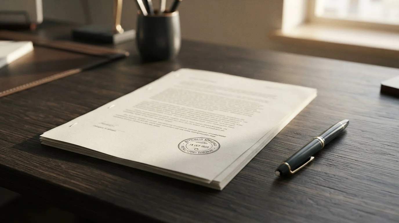 Plain regulatory document with an official stamp resting on an office desk