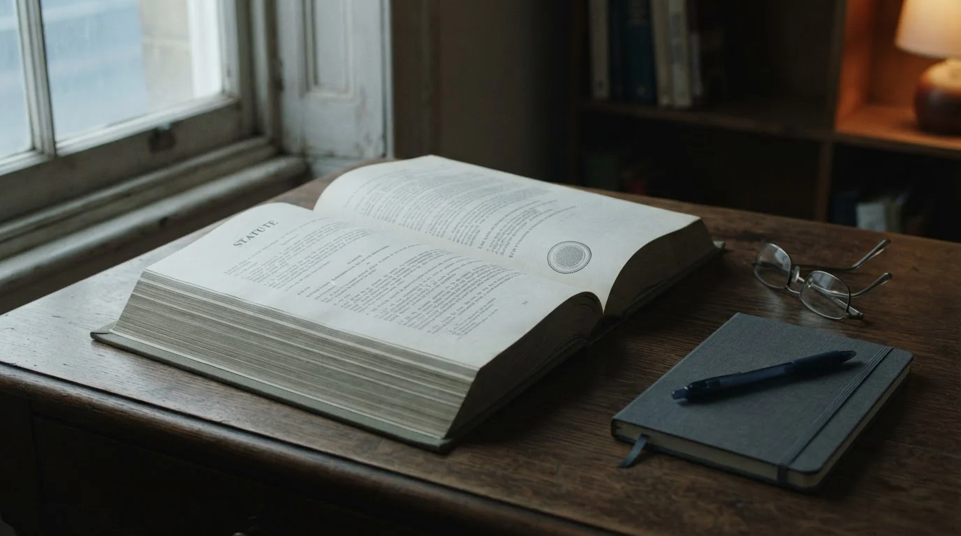 Printed Australian legislation on a desk beside reading glasses and a notepad