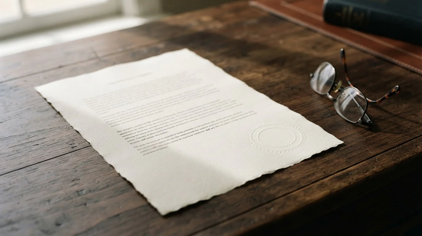 Official document with an unmarked stamp resting on a desk beside reading glasses