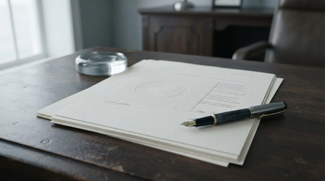 Printed regulatory document with an official stamp on a quiet office desk