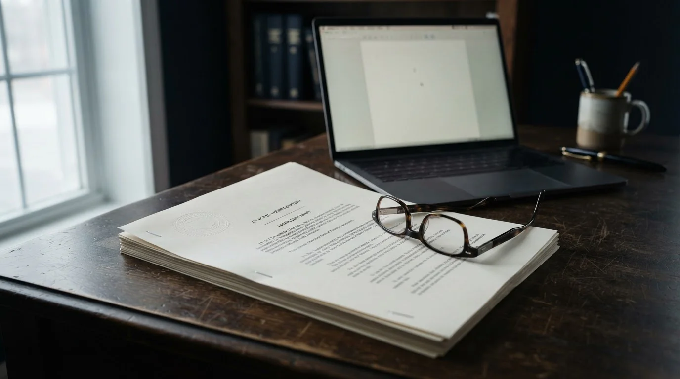 Printed legislation pages on a desk beside a laptop showing a plain text document