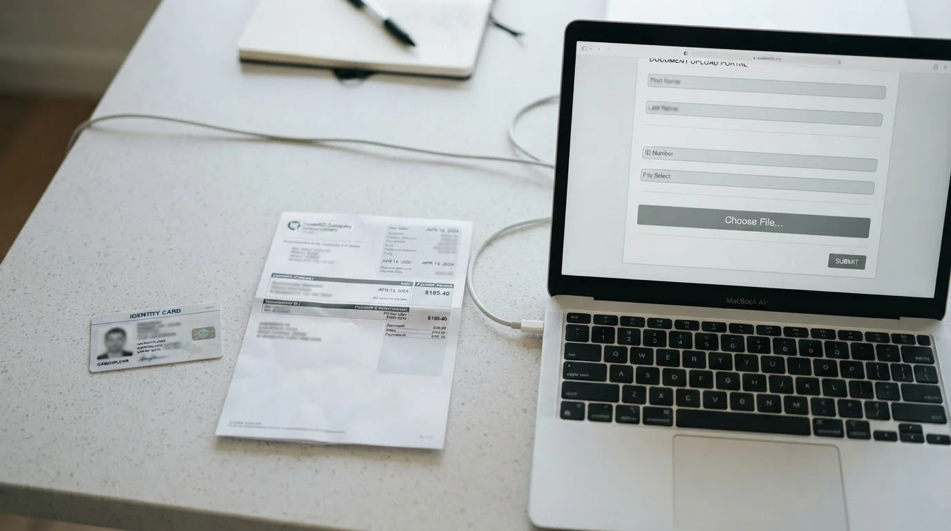 Identity document and a utility bill laid flat next to a laptop showing a blank upload form
