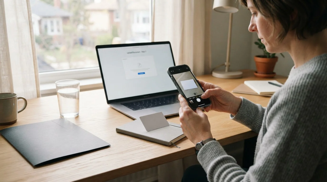 Person at a desk photographing an identity document beside an open laptop