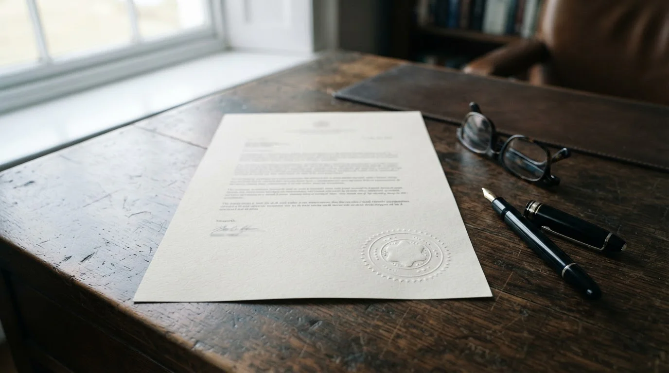 A plain official document with an embossed stamp lying on a desk beside reading glasses