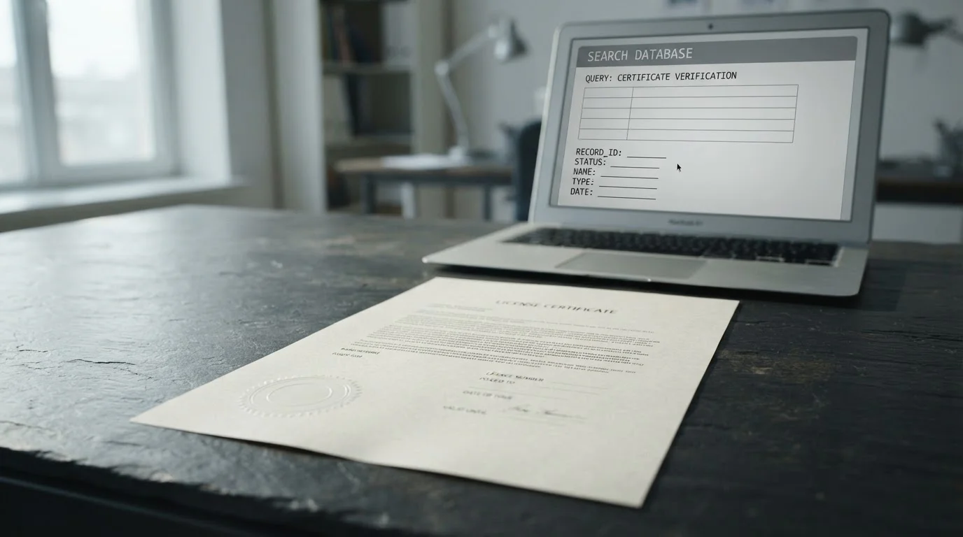 Plain licence document on a desk beside a laptop open to a neutral register lookup page