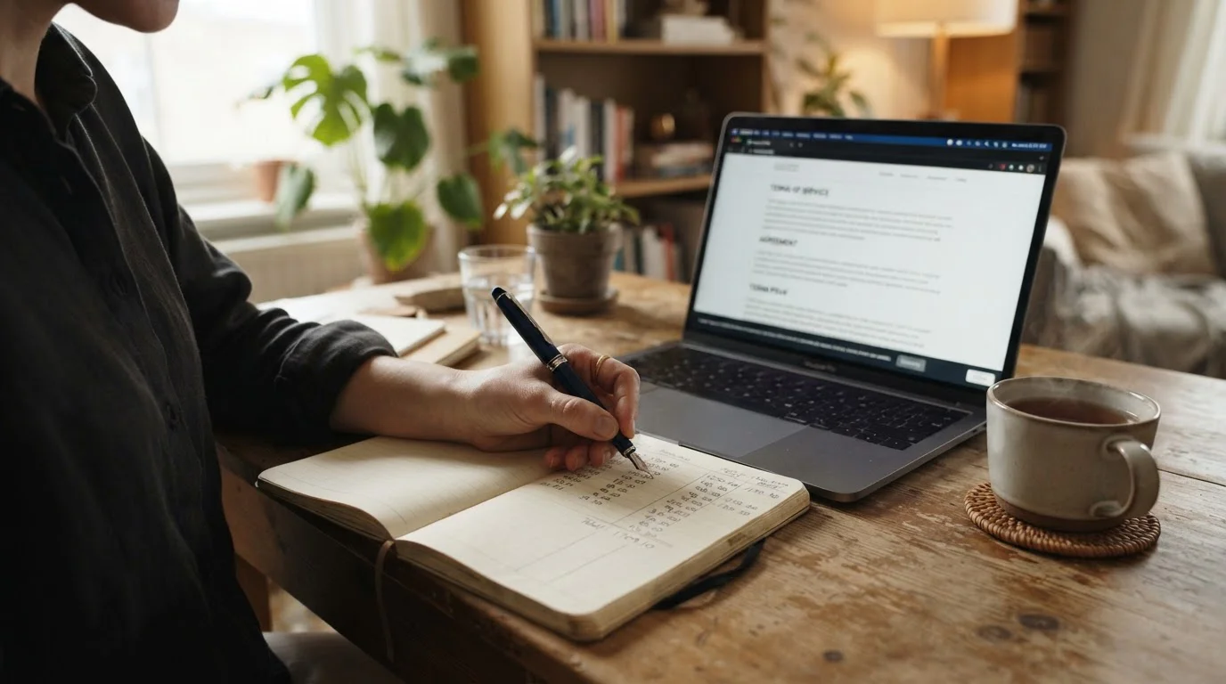 Person writing wagering calculations in a notebook beside a laptop