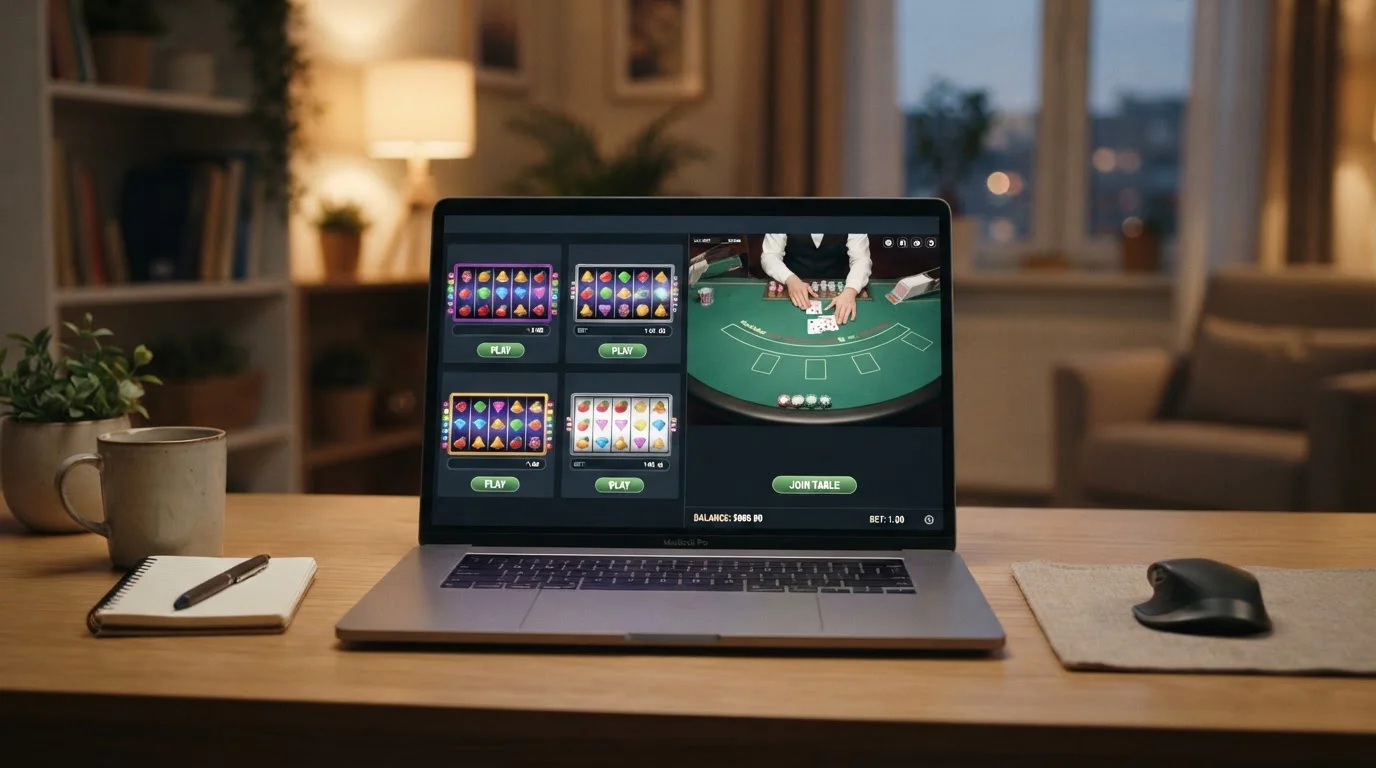Live dealer table and pokies reel display on casino platform screen