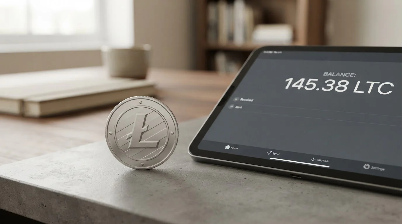 Litecoin coin symbol on digital interface with blockchain transaction data