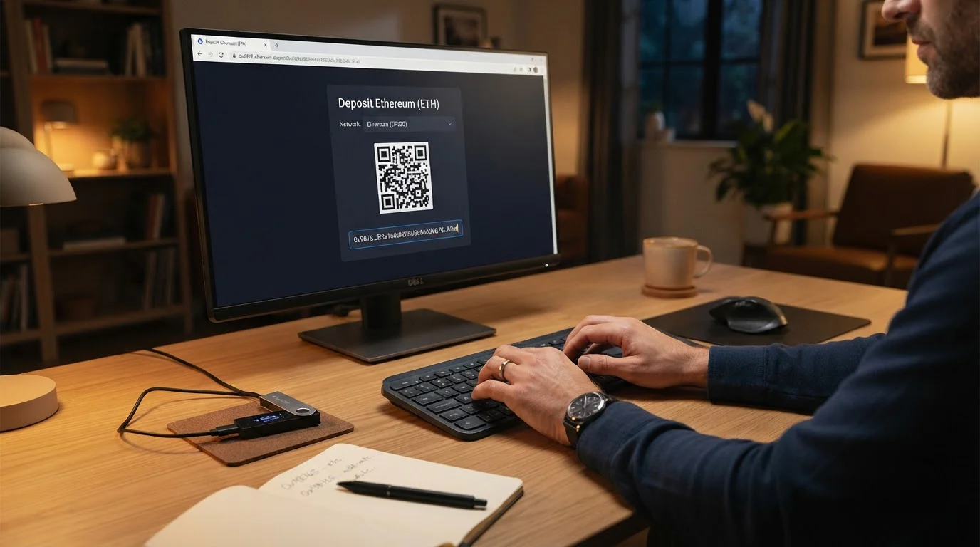 Person securely transferring Litecoin from wallet to casino address on desktop