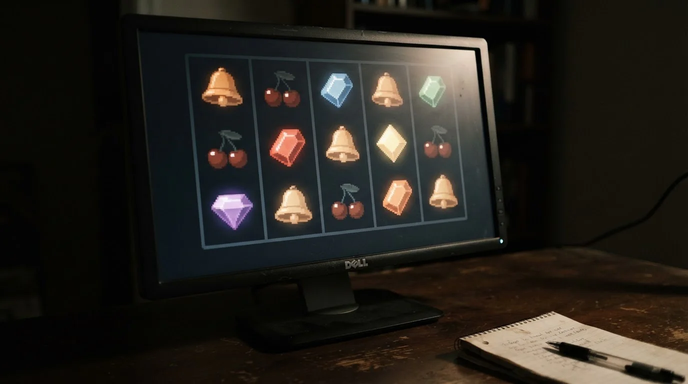 Close view of a generic reel grid on a screen with plain unbranded fruit and gem symbols