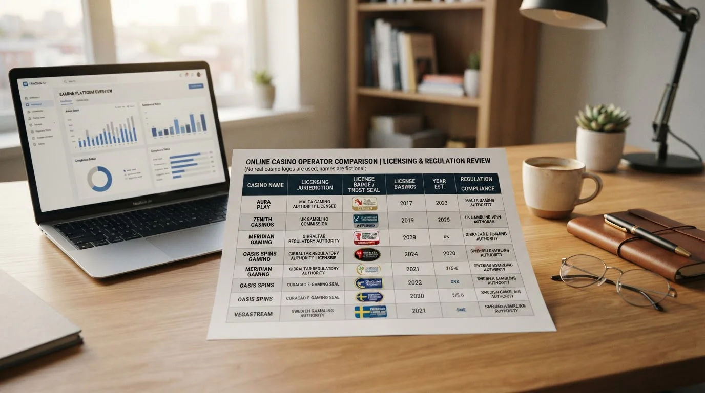 Comparison table showing casino operators with licence badges and payout speed indicators
