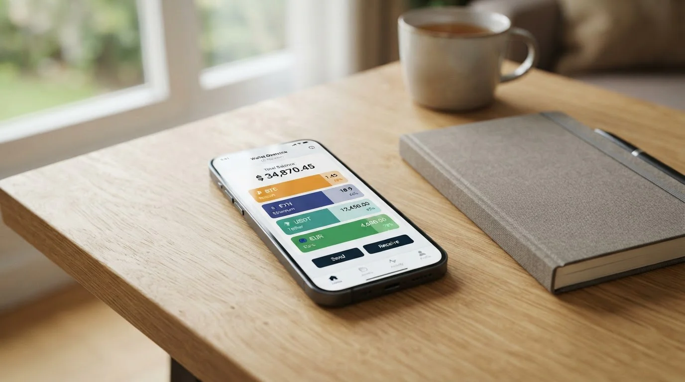 Smartphone showing MiFinity multi-currency wallet interface with clean dashboard