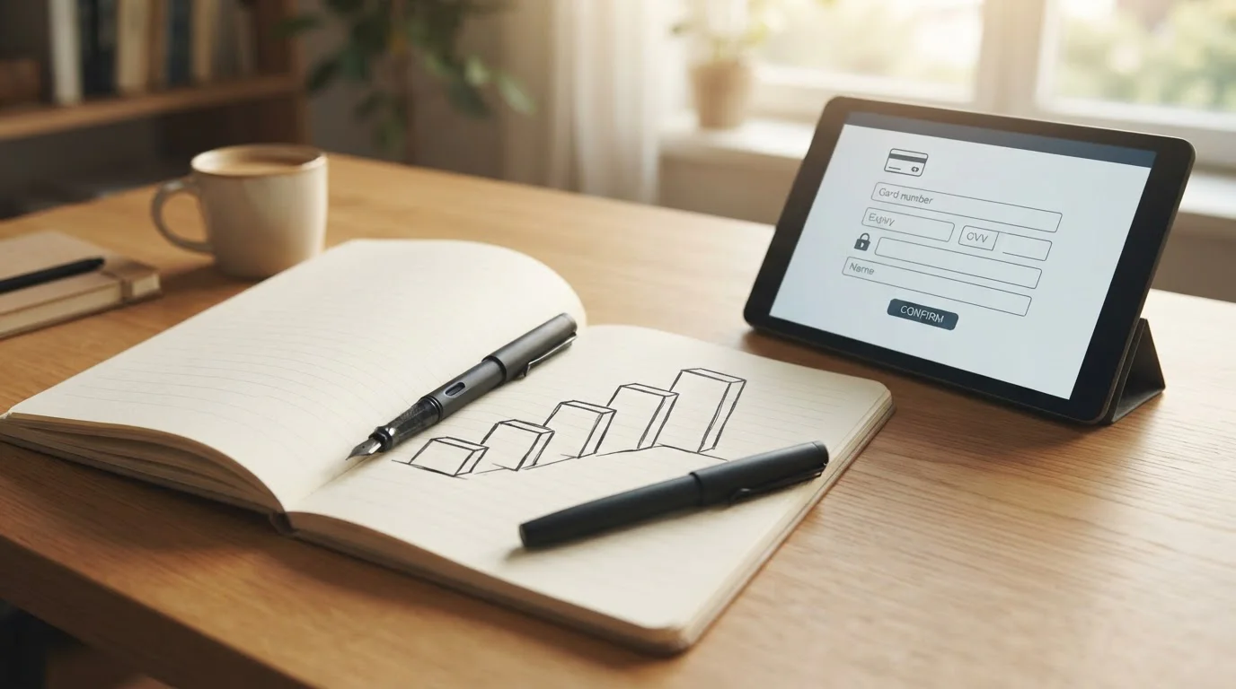 Notepad with a hand-drawn ladder of deposit thresholds beside a tablet showing a casino payment page