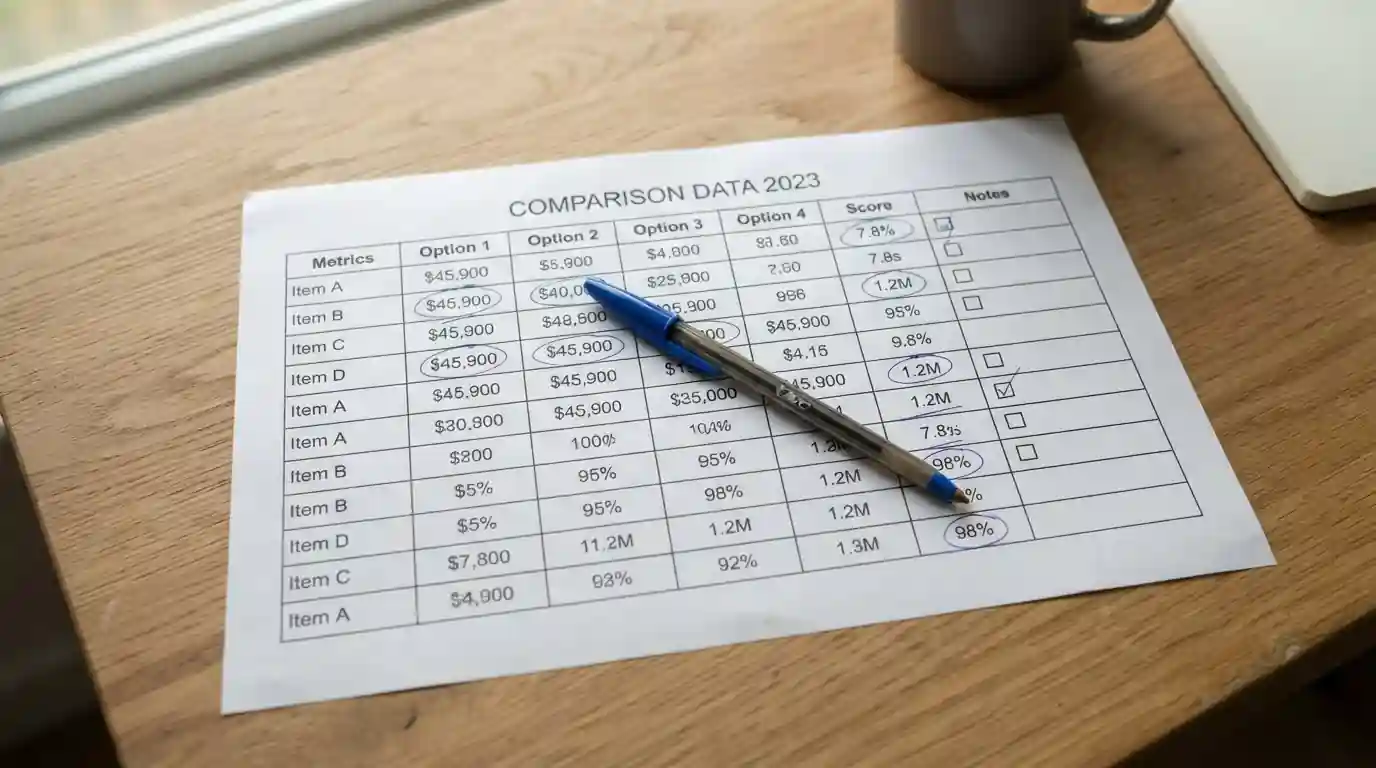 Printed comparison sheet with several minimum deposit figures marked in pen