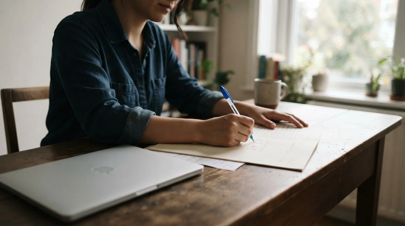 Person at a desk comparing two figures written side by side on paper