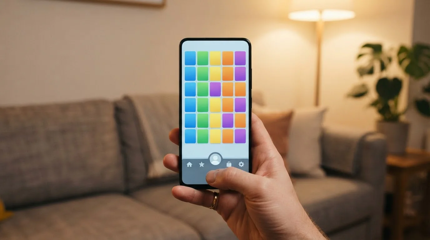 Hand holding a phone showing a generic portrait game lobby with a sticky balance bar