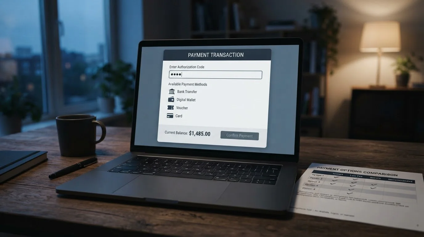 Laptop screen showing a casino cashier with a voucher code field and an AUD balance