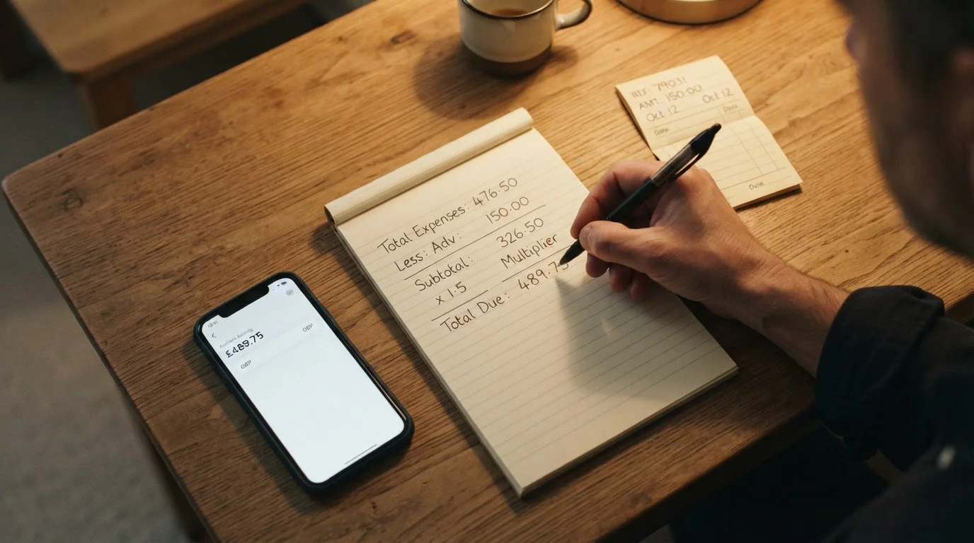 Person at a desk writing deposit figures in a notepad beside a phone showing a plain balance screen