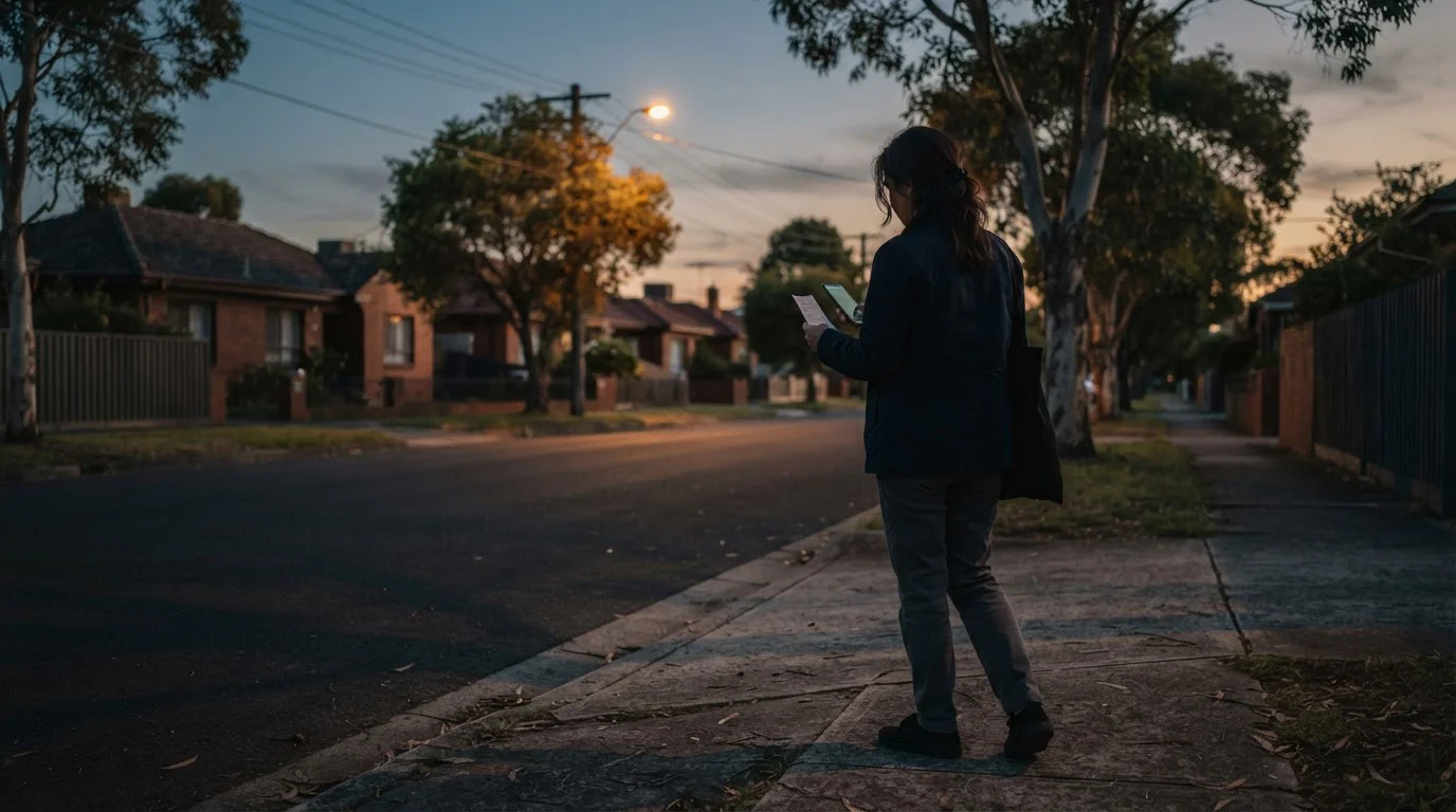 Person on a suburban street at dusk holding a phone and a folded receipt