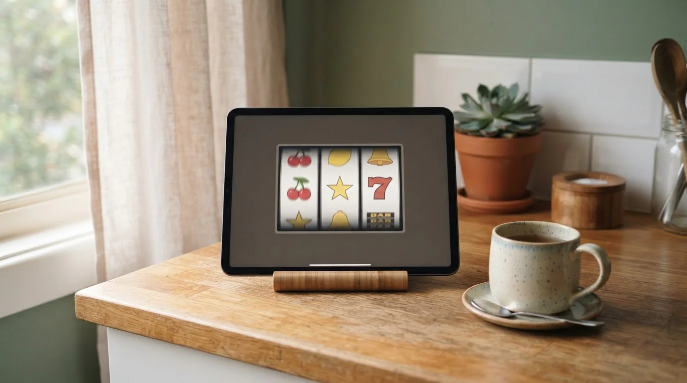 Generic slot reels and unbranded symbols on a tablet propped on a kitchen bench