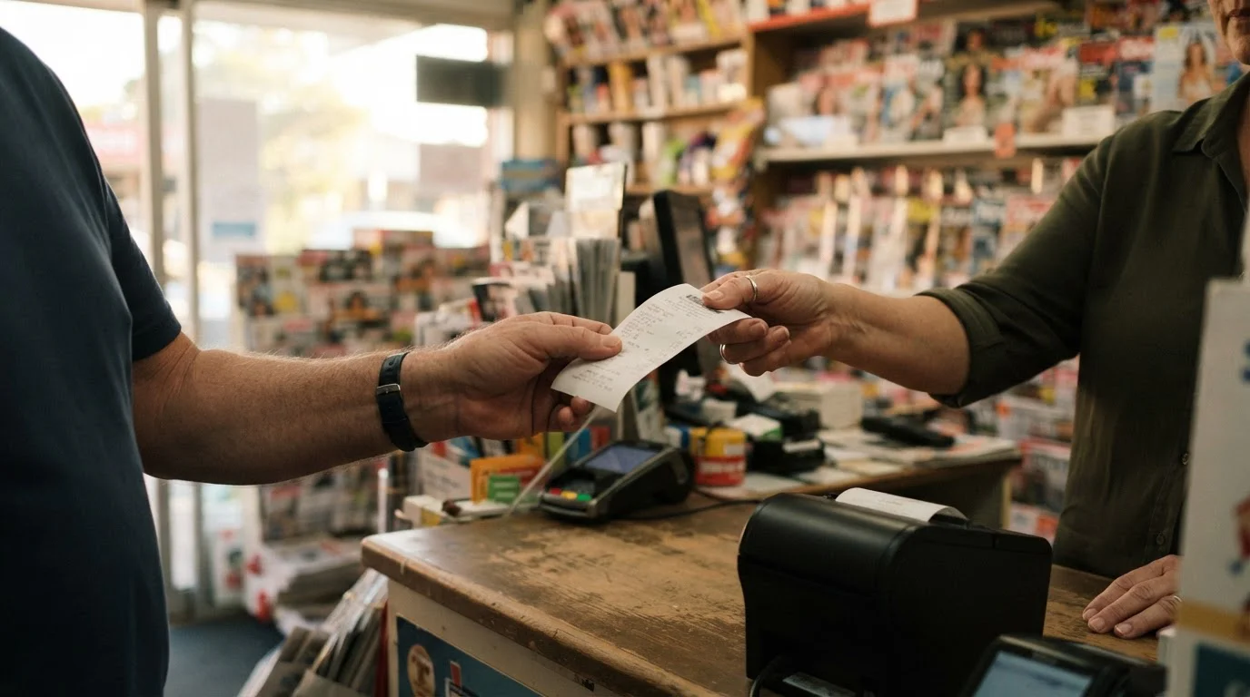 Hand receiving a printed voucher receipt across a small newsagency counter