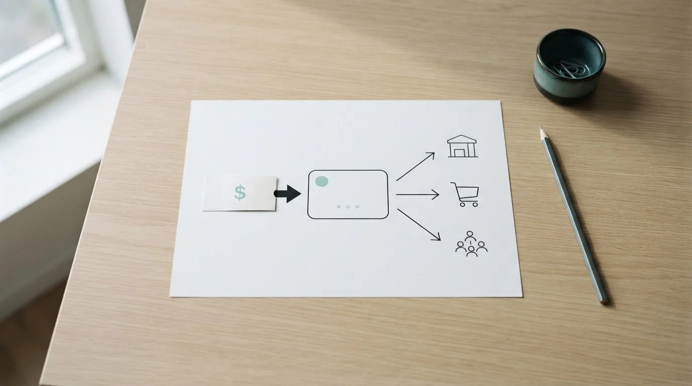 One-way arrow diagram showing a voucher feeding an account and payouts leaving by separate routes