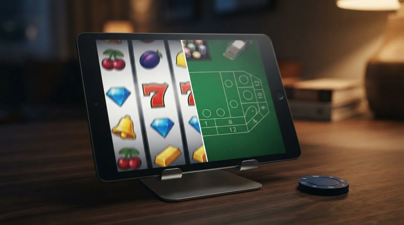 Pokies reels and a live table game shown side by side on a tablet screen
