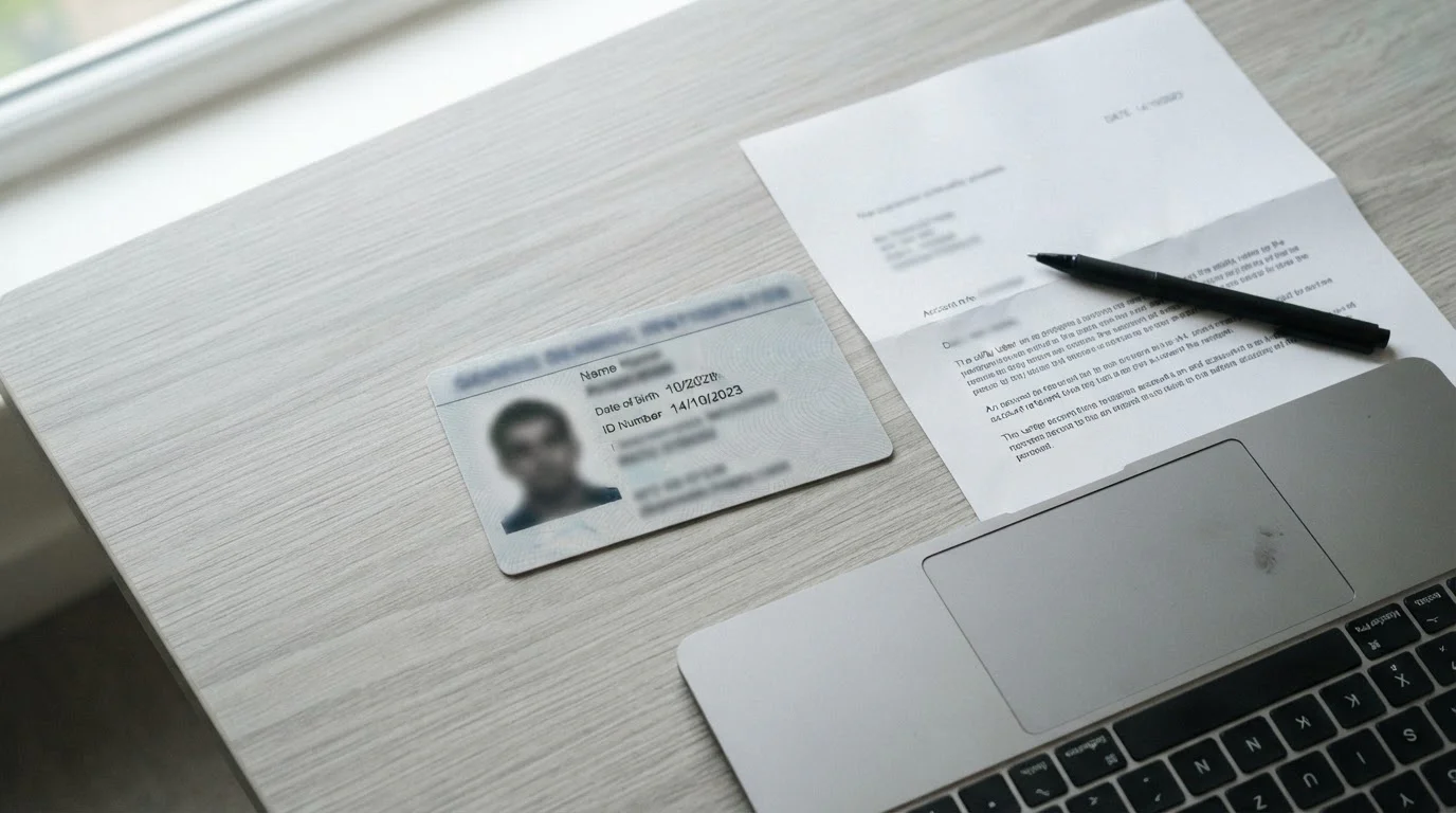 Identity document and a proof of address letter laid out beside a laptop for account verification